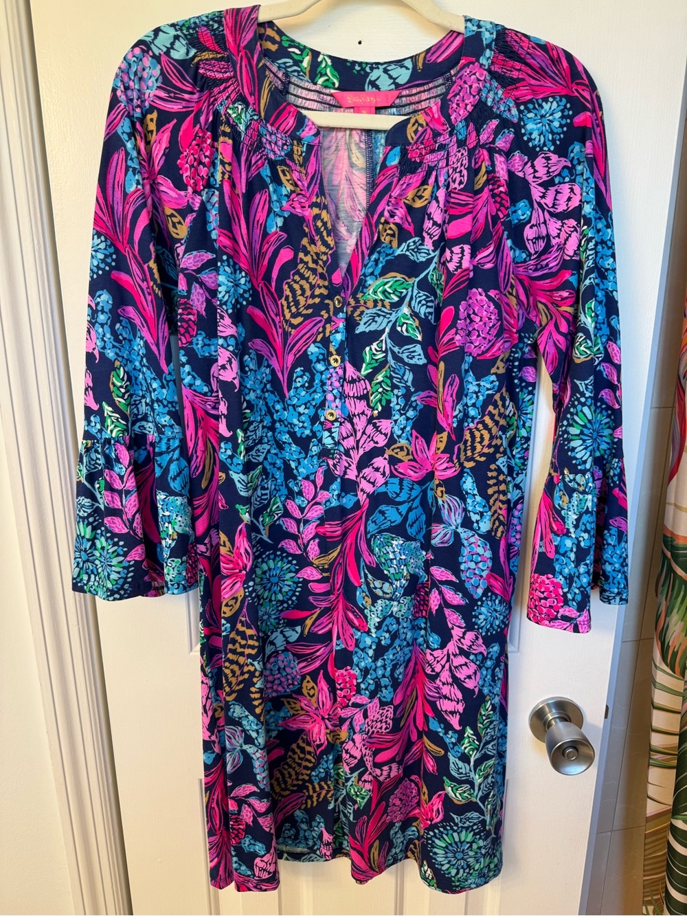 Lilly Pulitzer Navy Shift Dress with Pink & Turquoise Floral Print